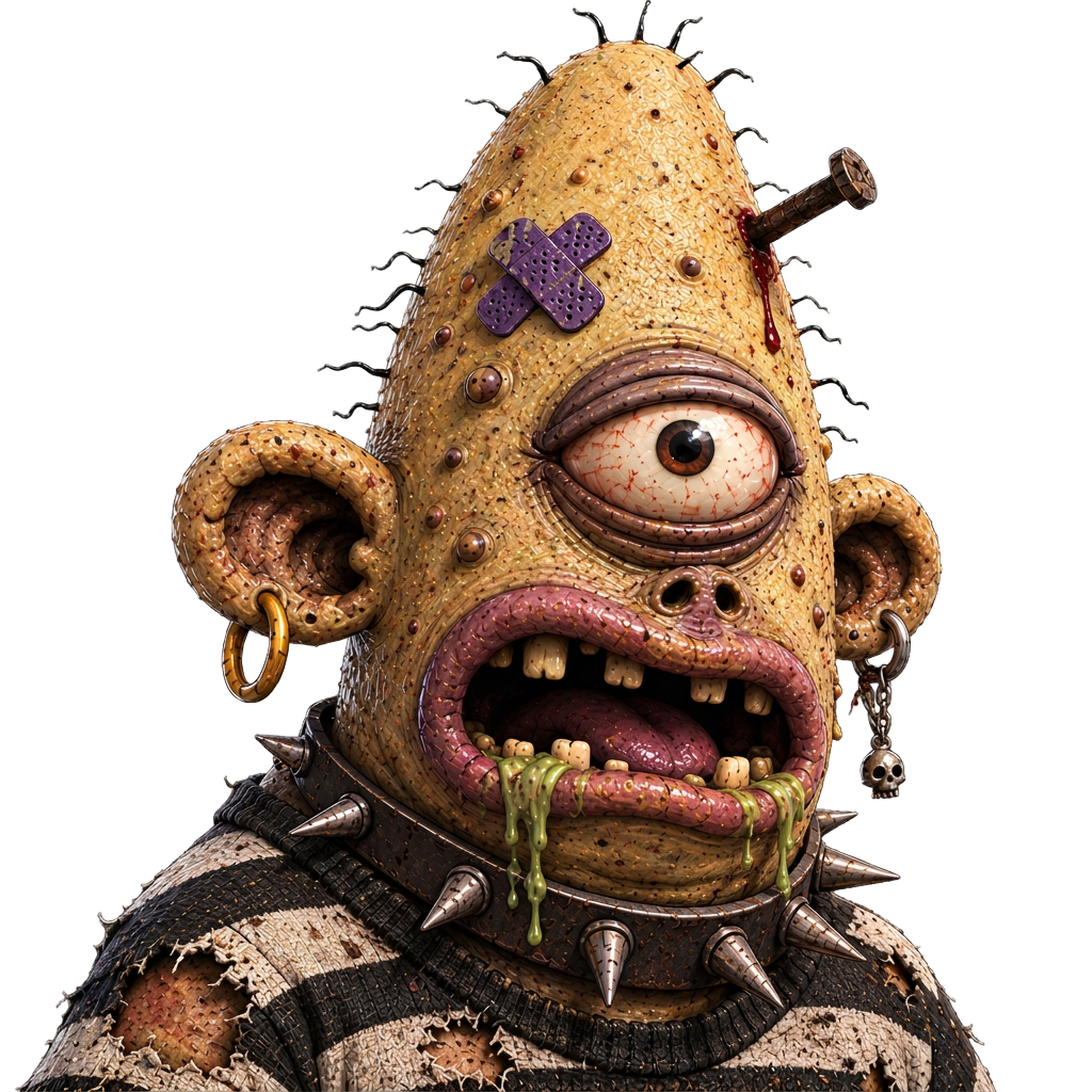 Cone-headed Ugly Friends Club character with a spiked collar